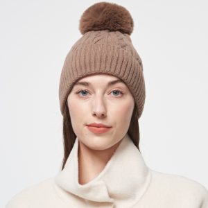 Brown Cable Knit Pom Pom Hat