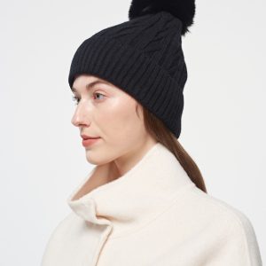 Black Cable Knit Pom Pom Hat