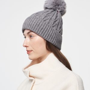 Grey Cable Knit Pom Pom Hat