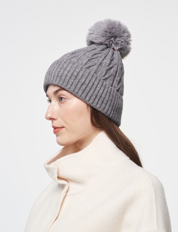 Grey Cable Knit Pom Pom Hat