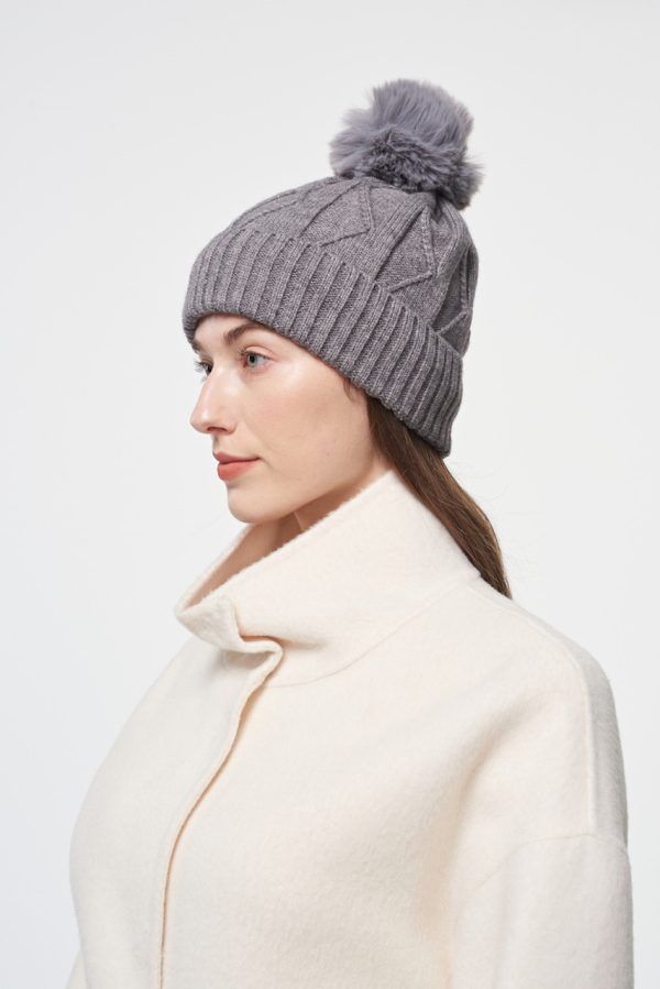 Grey Knit Pom Pom Hat